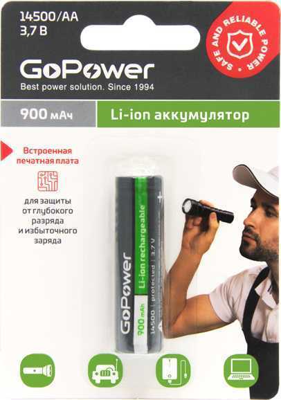 Аккумулятор Li-ion GoPower 14500 AA BL1 3.7V 900mAh с защитой выс.конт. Аккумуляторы фото, изображение