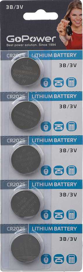 Батарейка GoPower CR2025 BL5 Lithium 3V (5/100/2000) Элементы питания (батарейки) фото, изображение